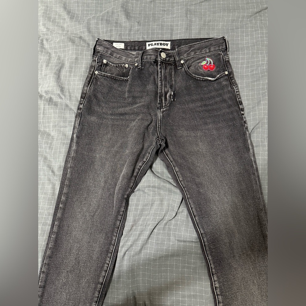 PLAYBOY Men's Dark Gray Jeans with Cherry Detail